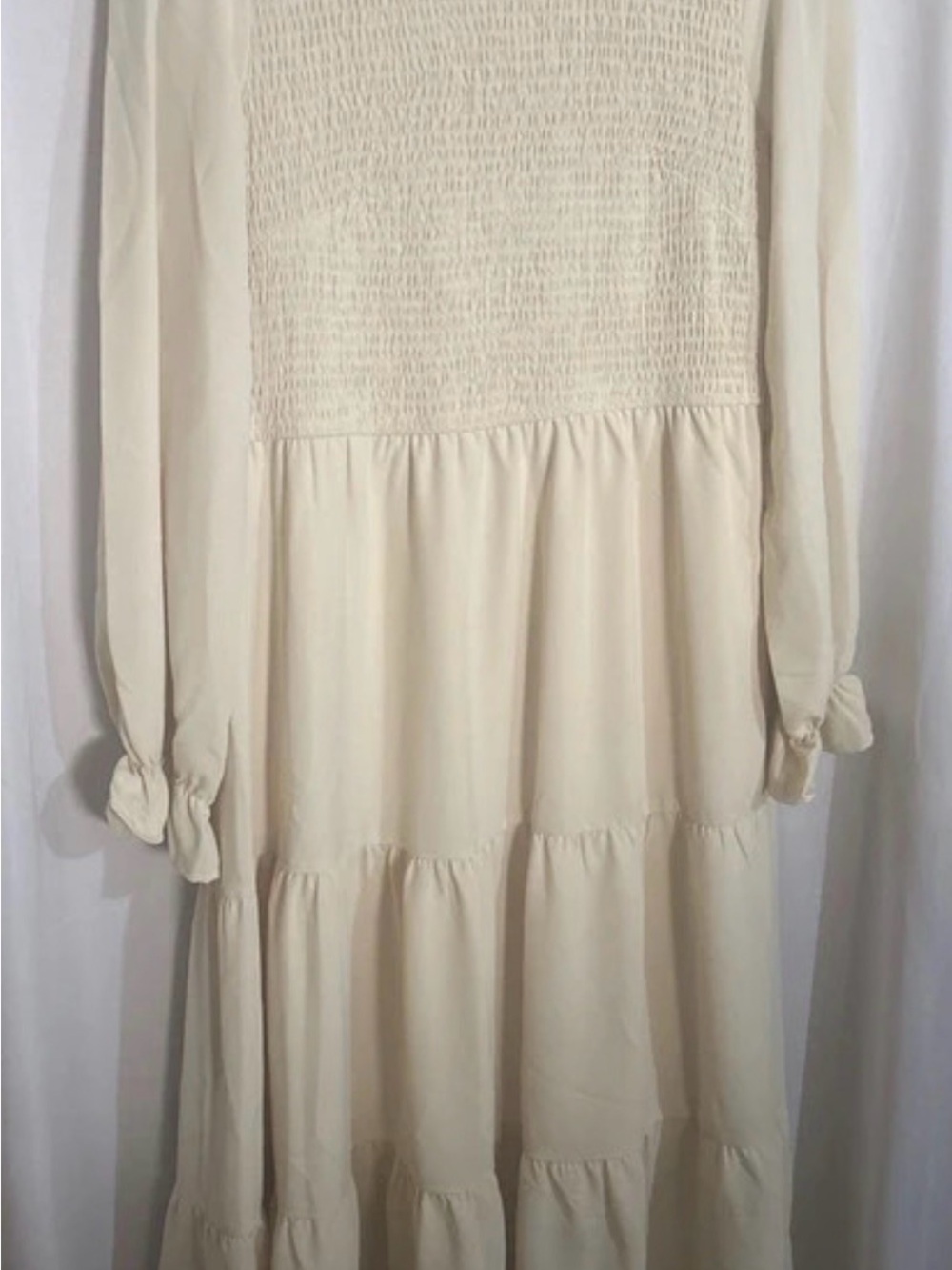 NWT Smocked Tiered Long Sleeve Midi Dress in Color Cream